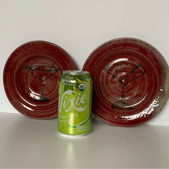 Pottery Hand Thrown Studio Plates Set of 2 with Martini Glass Burgundy Red EUC - Picture 6 of 16